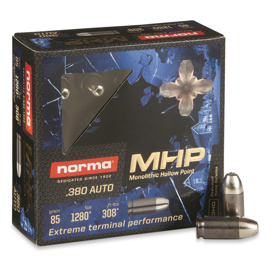 Norma Extreme Terminal Performance, .380 ACP, MHP, 85 Grain, 20 Rounds