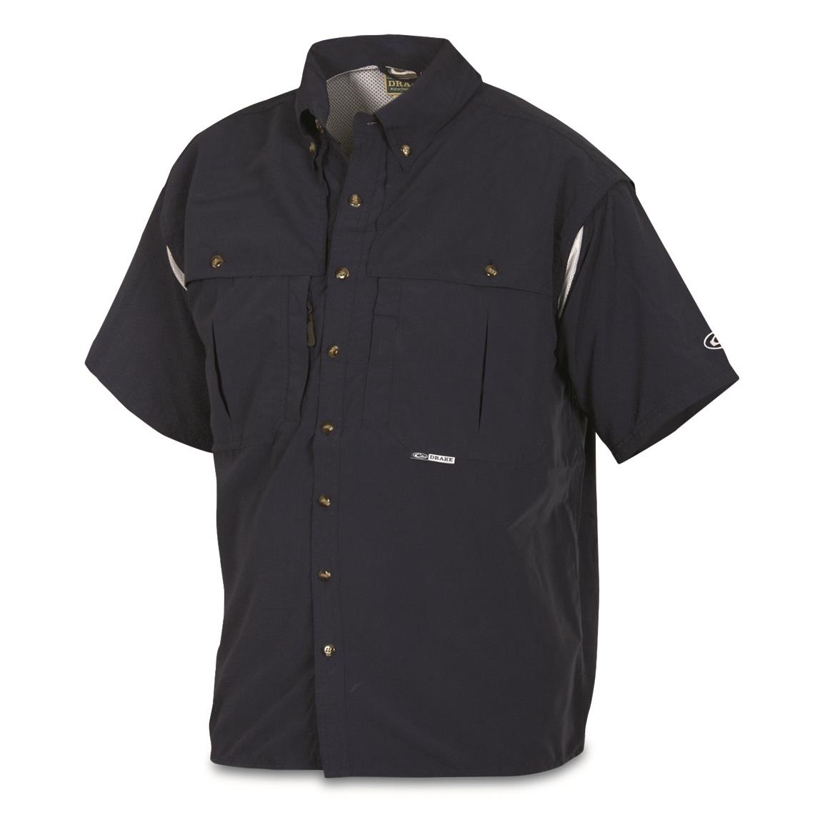 Drake Waterfowl Men's Vented Wingshooter's Shirt, Short Sleeve, Solid Color, Navy