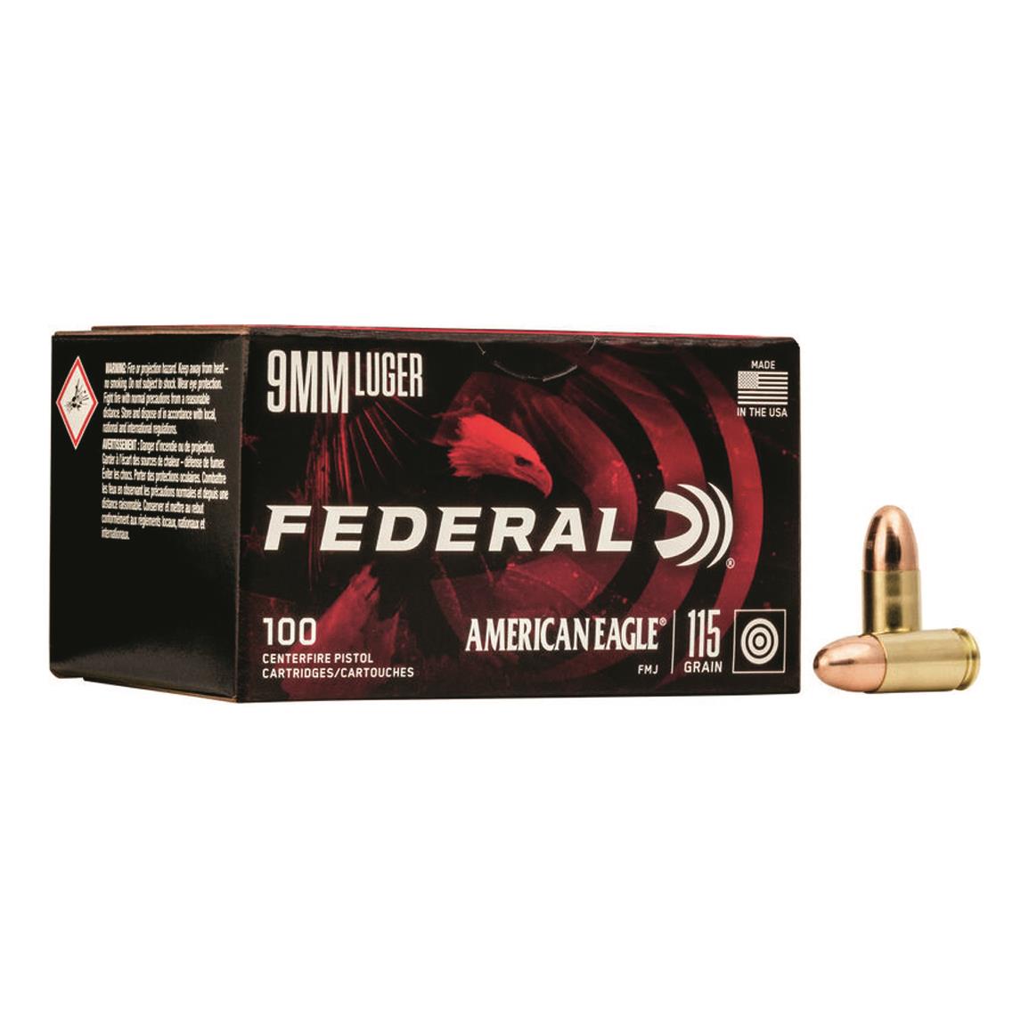 Federal American Eagle, 9mm, FMJ, 115 Grain, 100 Rounds