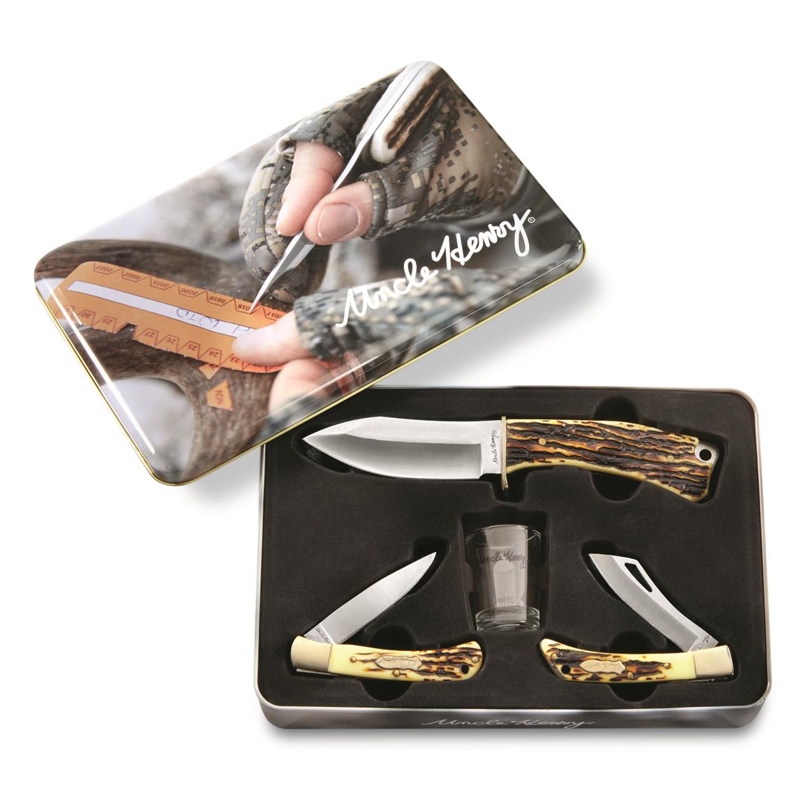 Uncle Henry 3 Knife Combo with Shot Glass in Gift Tin