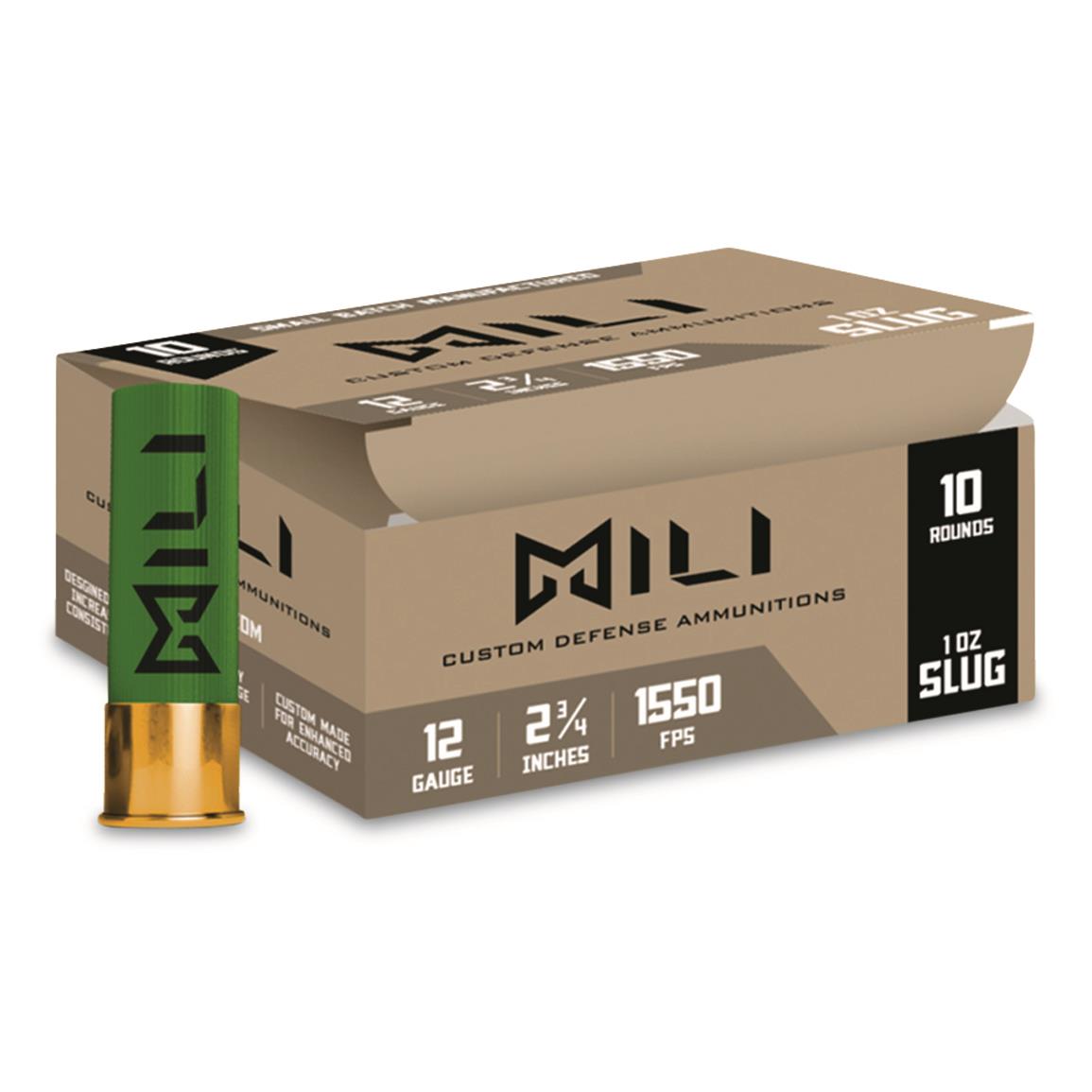 MILI Custom Defense, 12 Gauge, 2 3/4", 1-oz. Rifled Slug, 10 Rounds