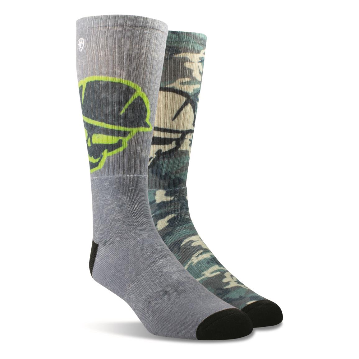Ariat Graphic Crew Socks, 2 Pairs, Roughneck Grey/green