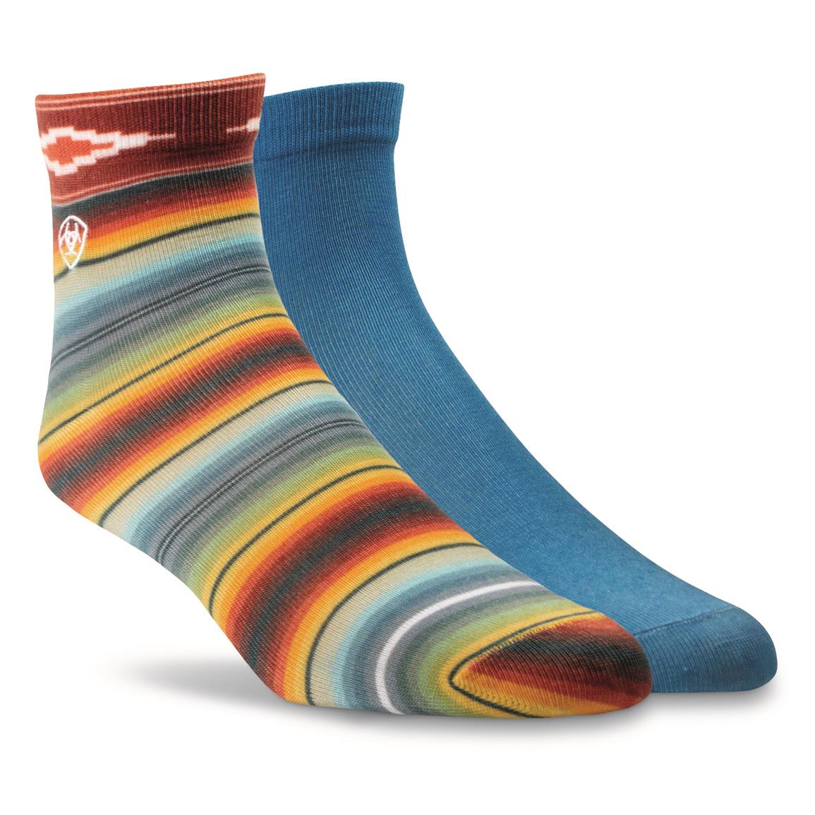 Ariat Women's Print Ankle Socks, 2 Pairs, Muted Serape/sky Blue