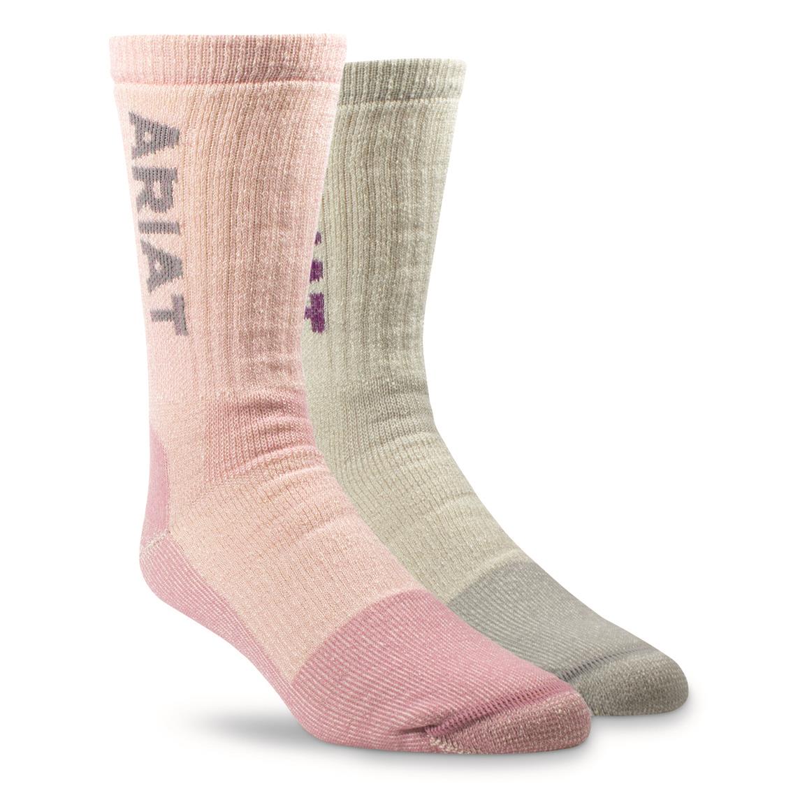 Ariat Women's Midweight Merino Wool Blend Steel Toe Crew Socks, 2 Pairs, Oatmeal/pink