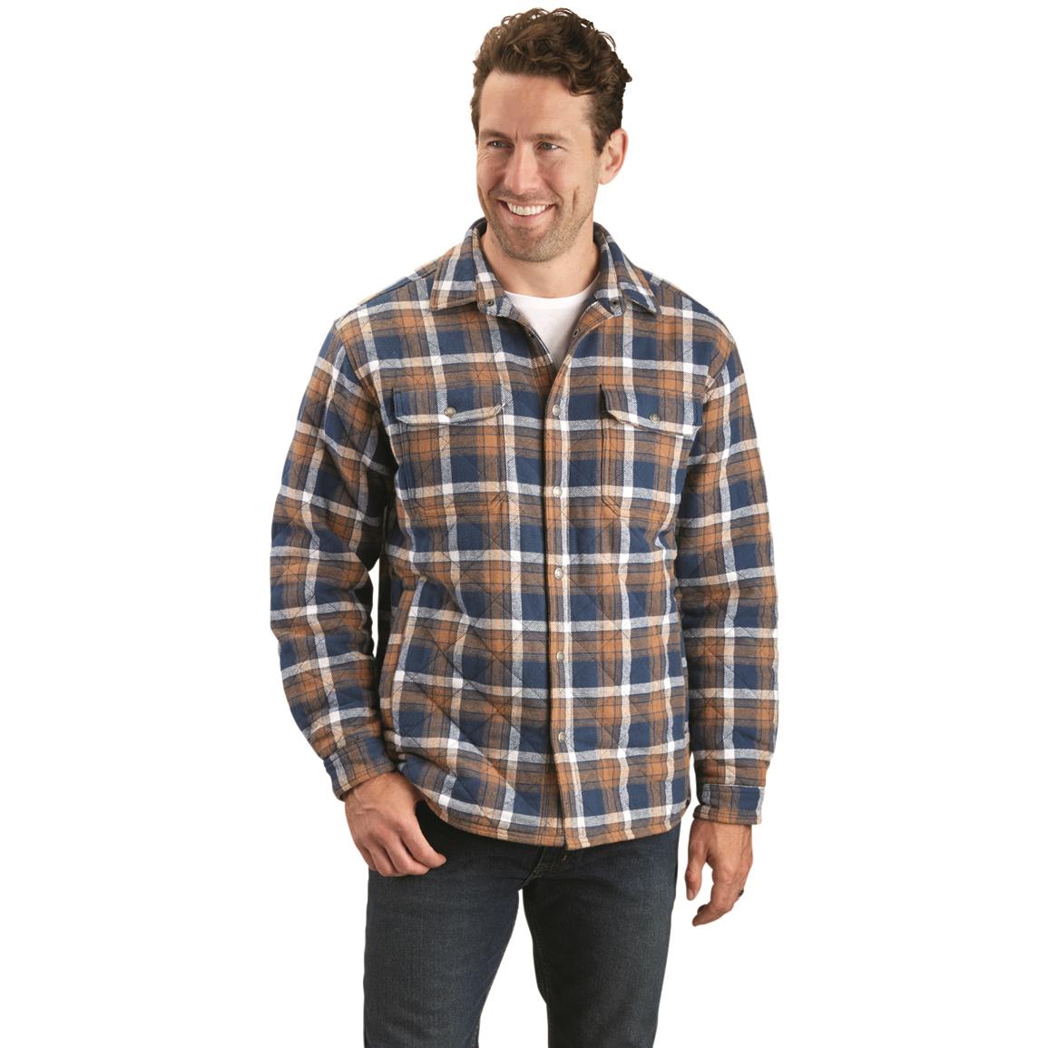 Guide Gear Men's Quilted Flannel Camp Shirt Jacket, Indigo/gold Plaid