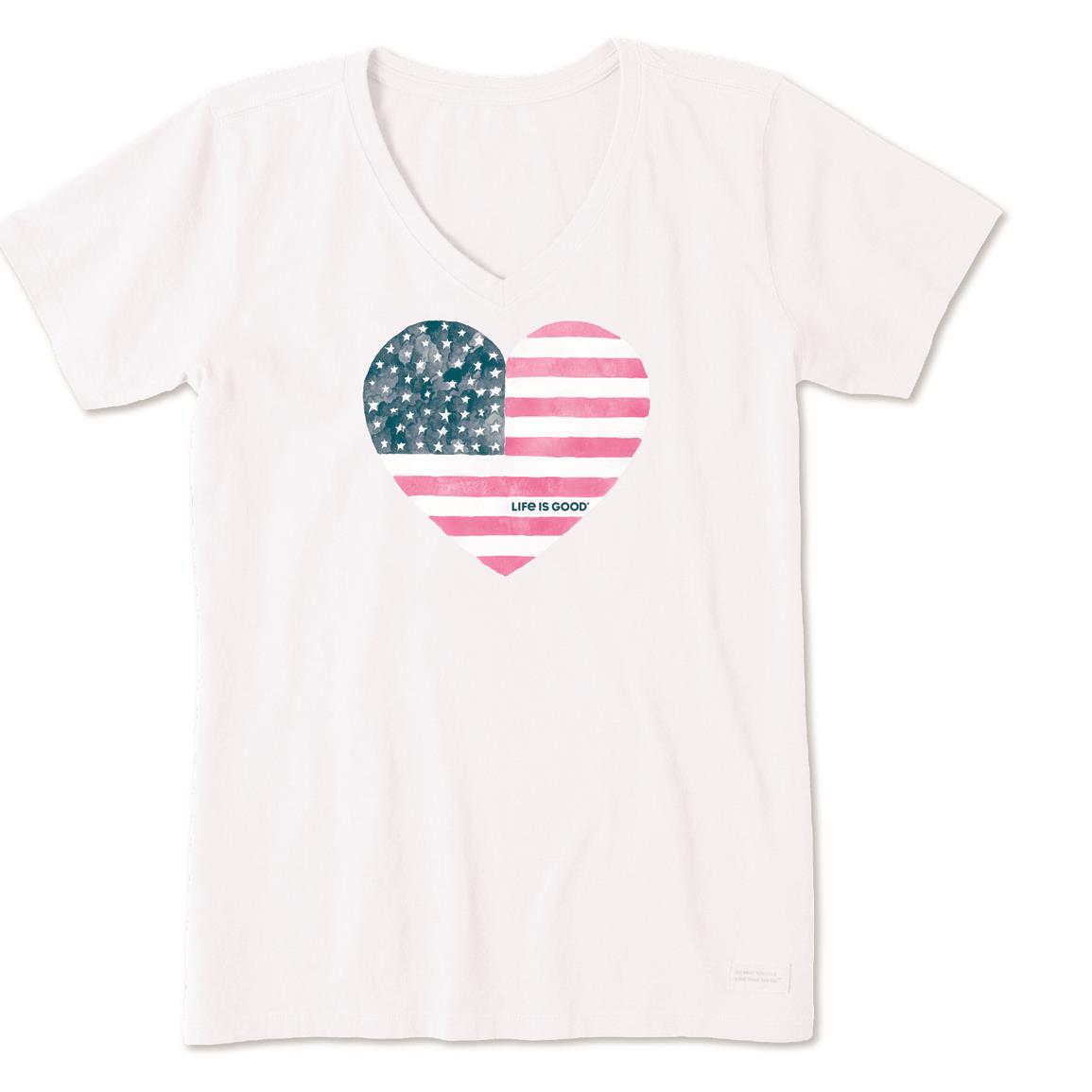 Life is Good Women's Watercolor Flag Heart Crusher V-Neck T-shirt, Cloud White