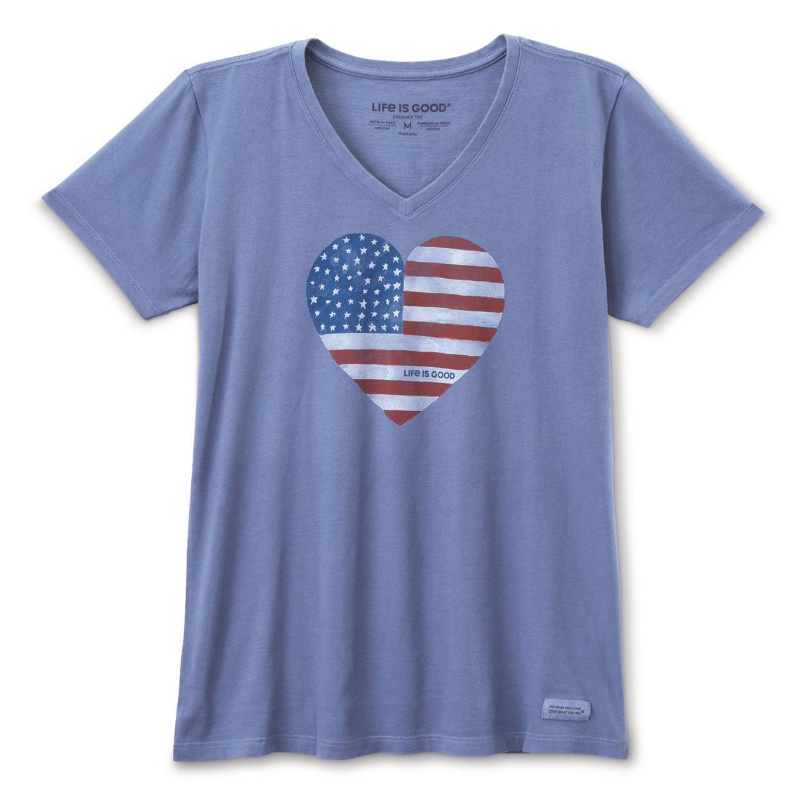 Life is Good Women's Watercolor Flag Crusher Vee Shirt, Vintage Blue