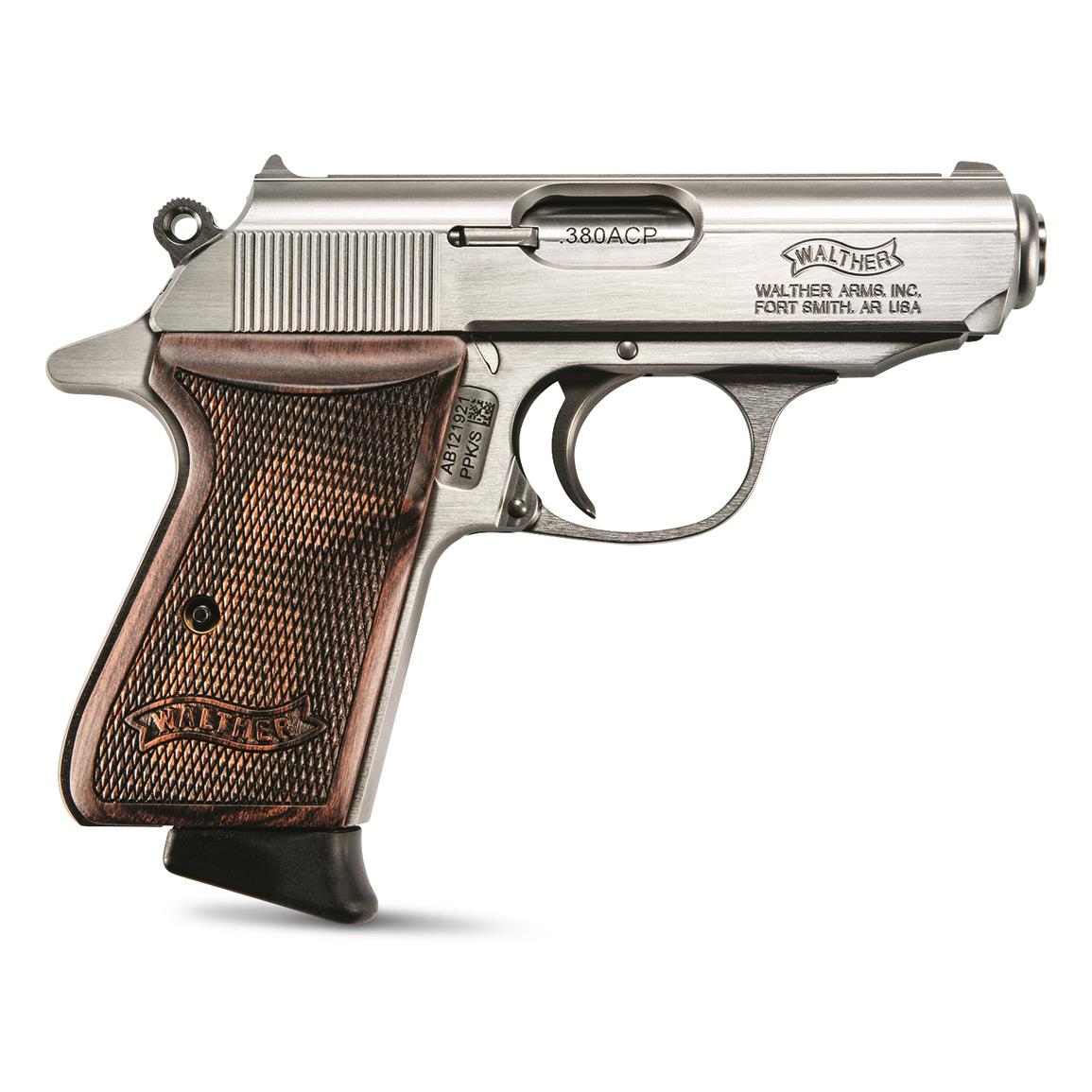 Walther PPK/S Stainless, Semi-automatic, .380 ACP, 3.3" Barrel, Walnut Grips, 7+1 Rounds