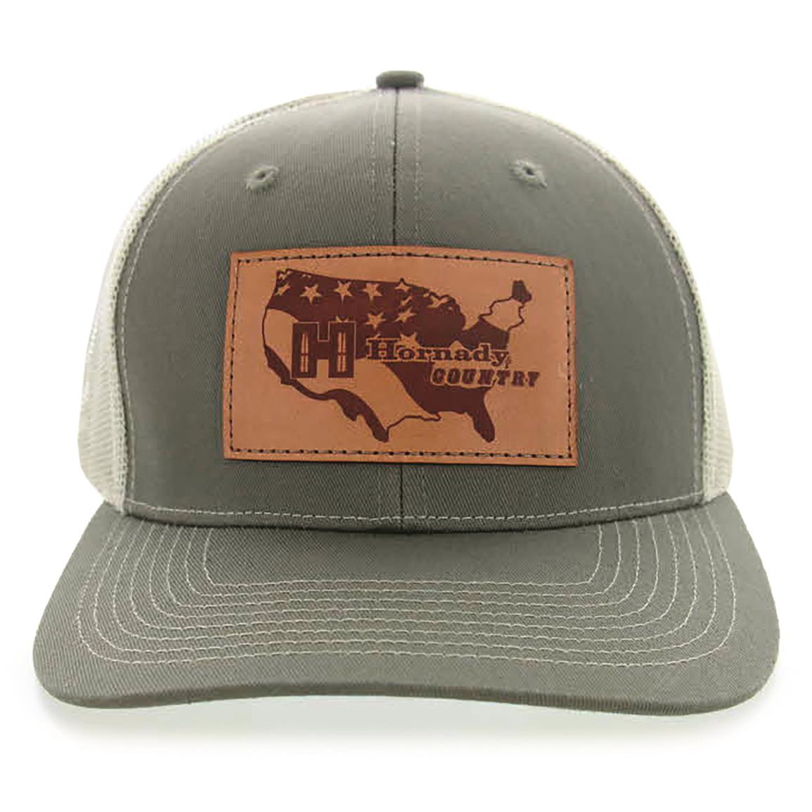 Hornady Men's Country Logo Trucker Cap, Leather Patch Logo, Olive/Tan