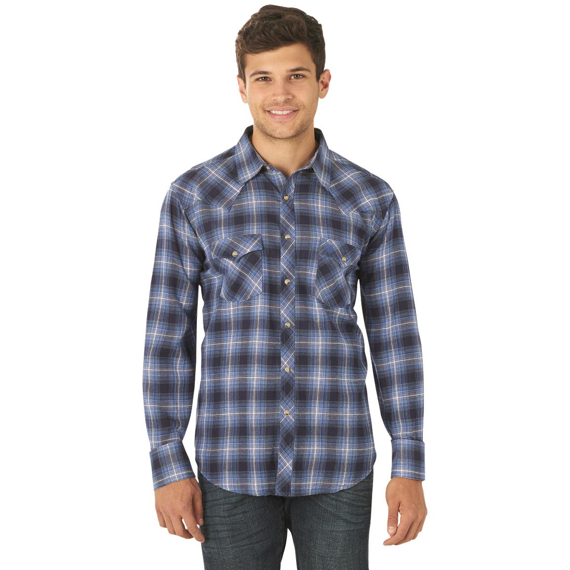 Wrangler Men's Retro Flannel Western Snap Plaid Shirt, Blue Plaid