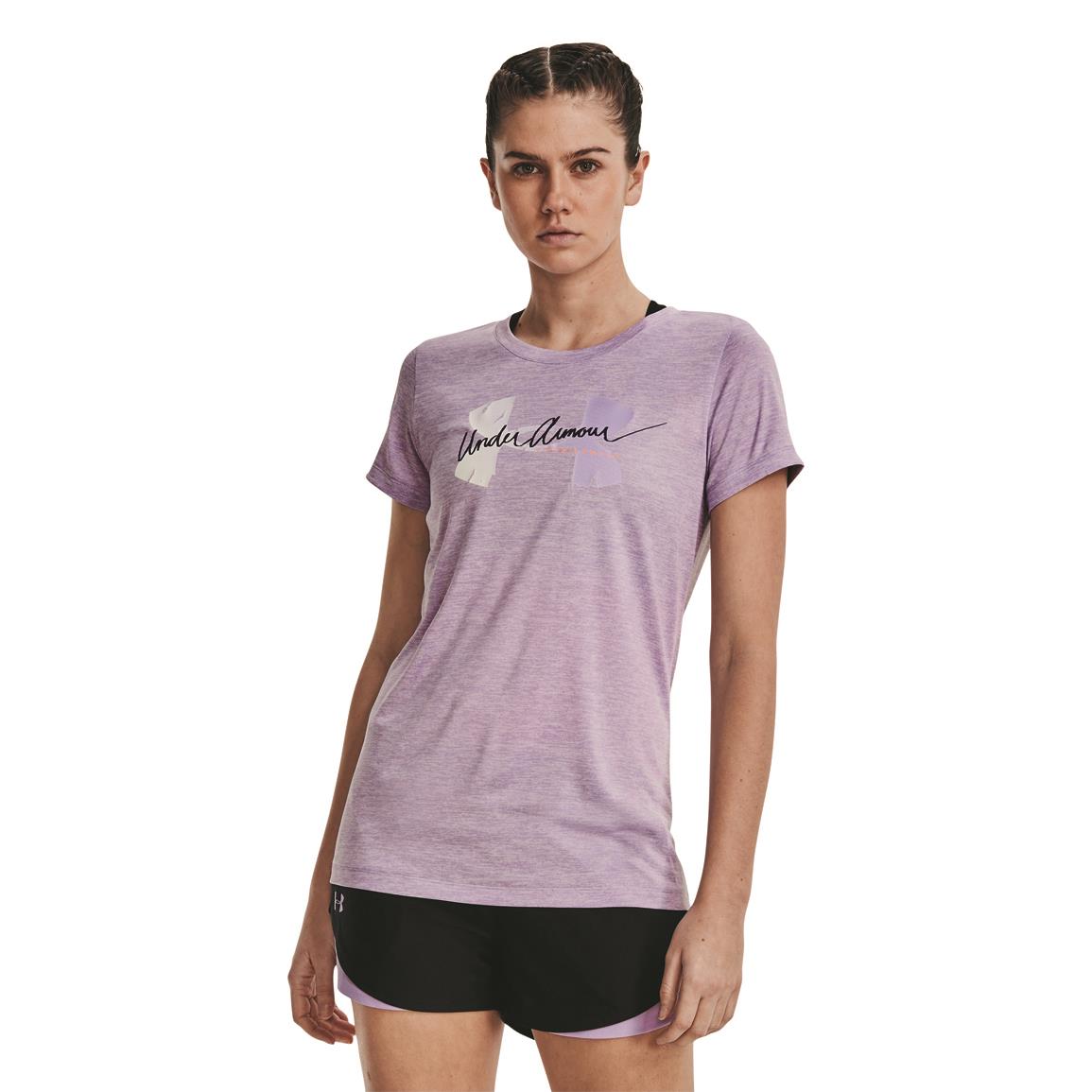 Under Armour Women's Tech Twist Script Logo Shirt, Octane/purple Switch