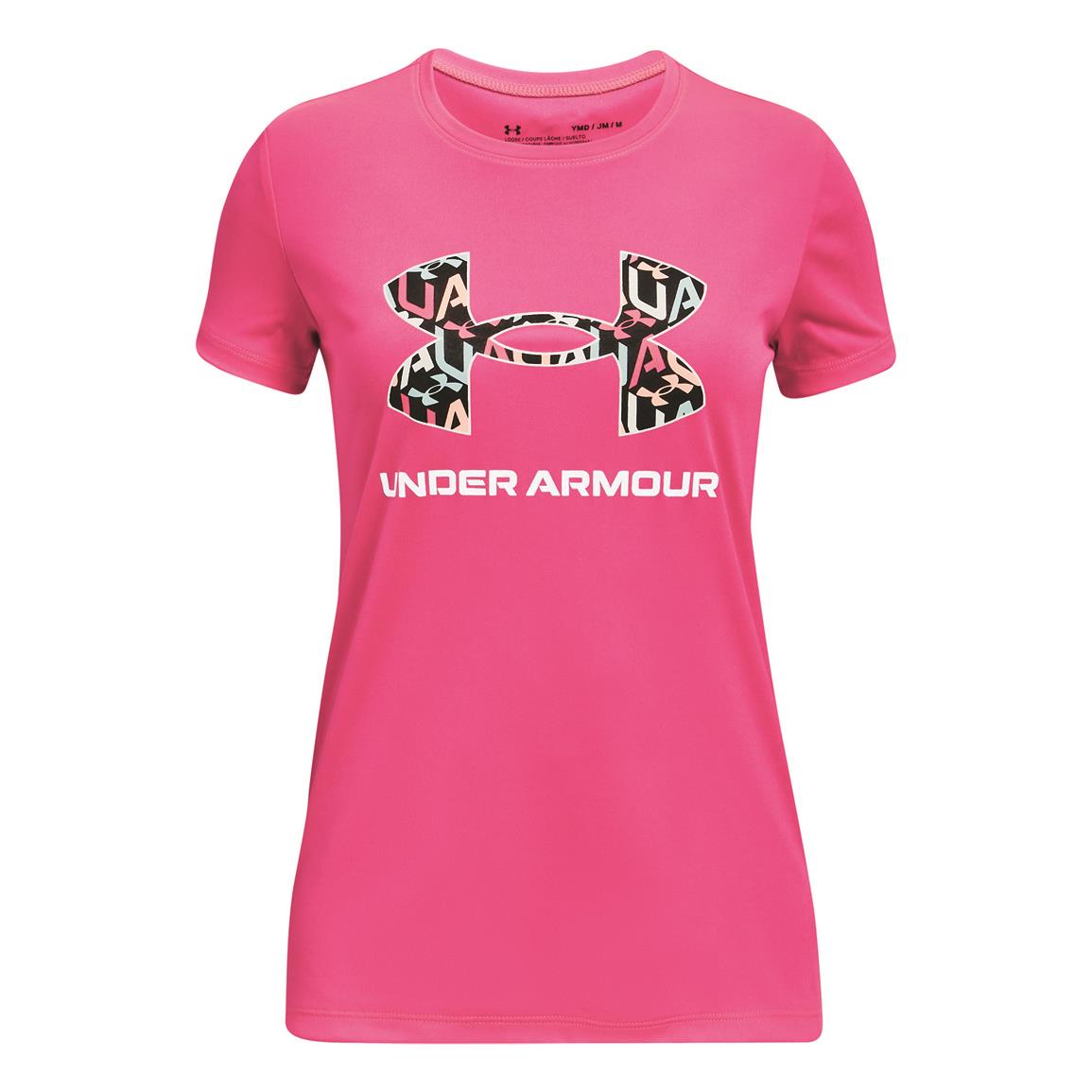 Under Armour Girls' Tech Solid Big Print Logo Shirt, Electro Pink/white