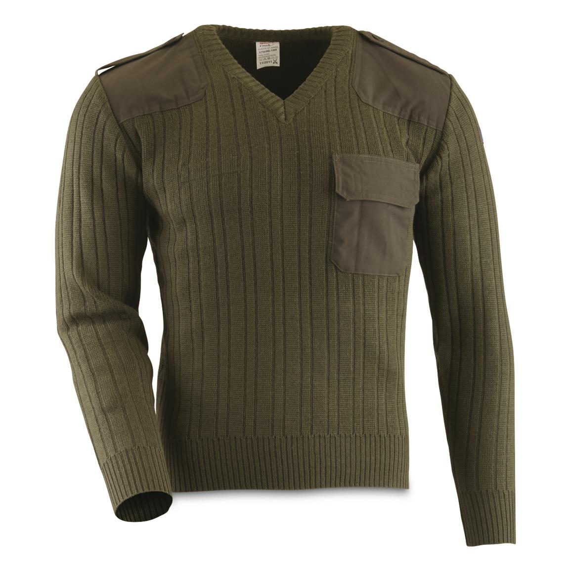 Czech Republic Military Surplus Wool Blend V-Neck Commando Sweater, Like New, Olive Drab