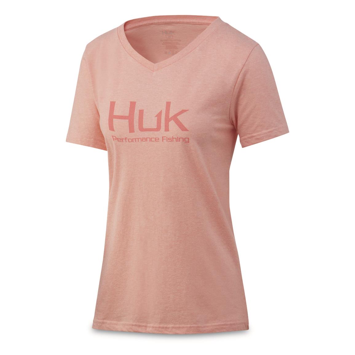 Huk Women's Performance Fishing Logo V-Neck T-Shirt, Desert Flower Heather