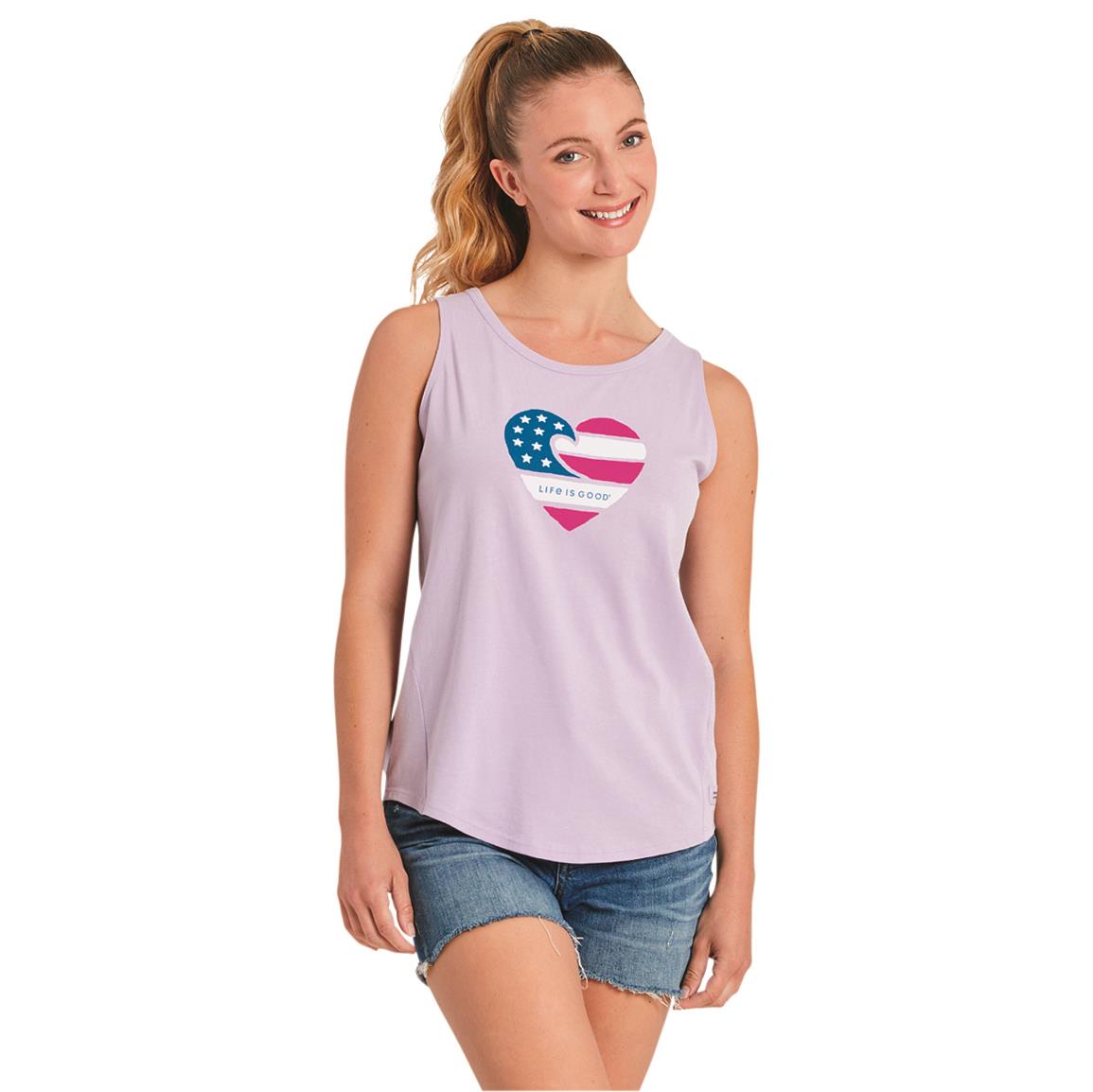Life Is Good Women's Americana Wave Heart High-Low Crusher Tank Top Shirt, Lilac Purple