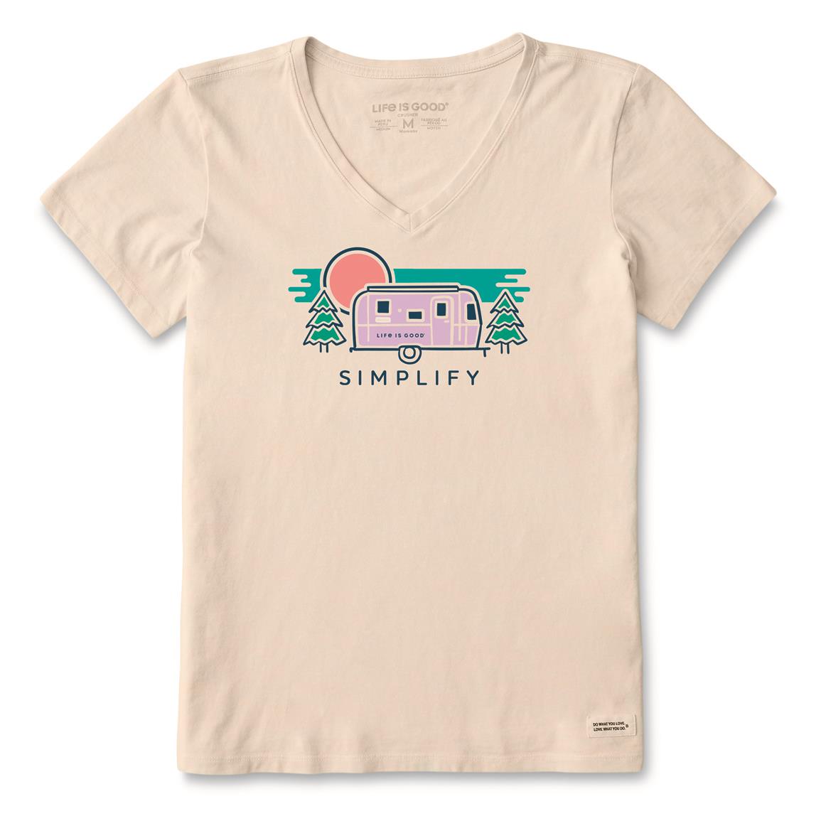 Life Is Good Women's Simplify Camper Crusher Vee Shirt, Putty White