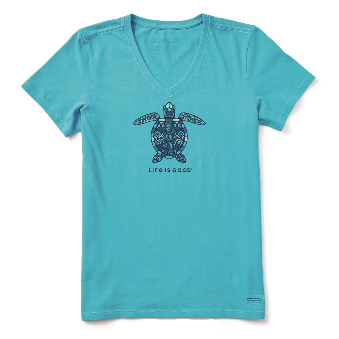 Life Is Good Women's Mandala Turtle Crusher Lite Vee Shirt, Island Blue