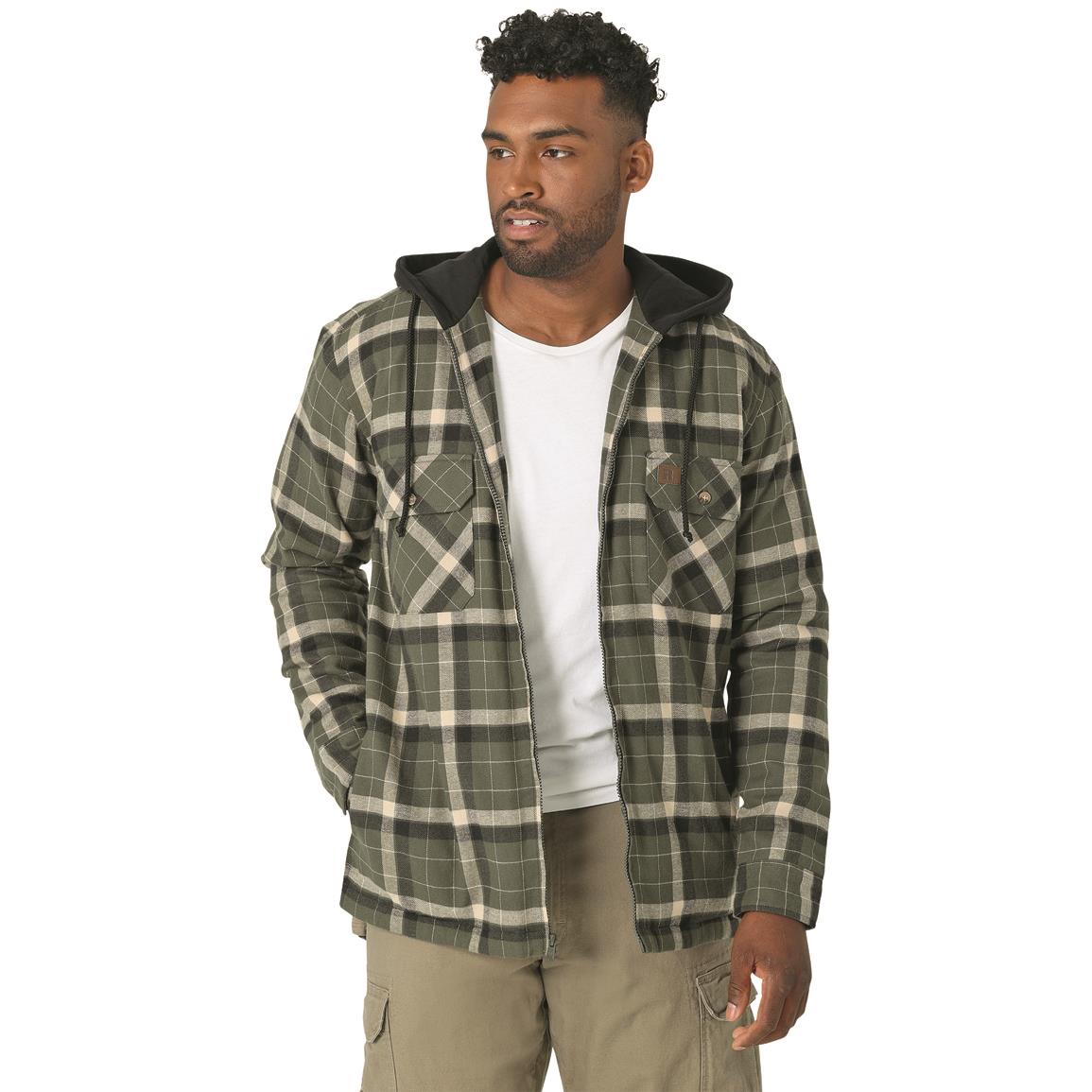 Wrangler Men's RIGGS Workwear Flannel Hooded Shirt Jacket, Olive/Black