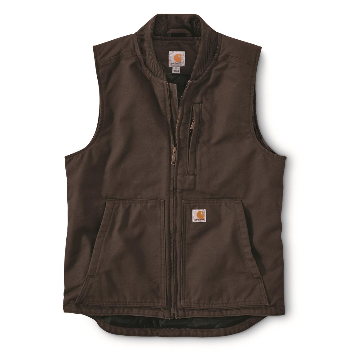 Carhartt Men's Loose Fit Washed Duck Insulated Ribbed Collar Vest, Dark Brown