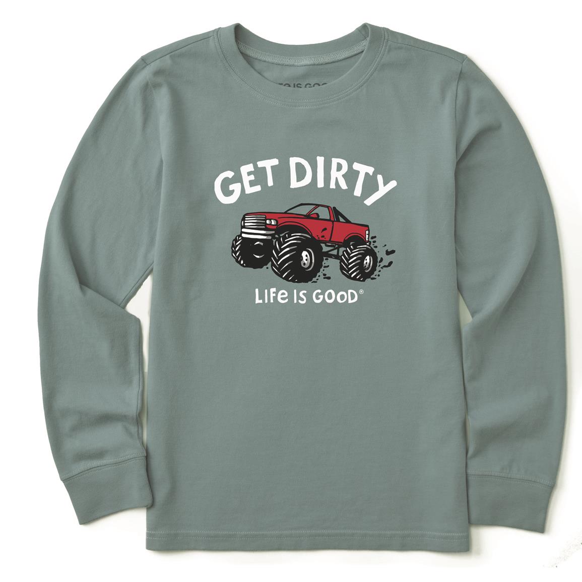 Life is Good Kids' Long Sleeve Get Dirty Truck Crusher Shirt, Smoky Blue