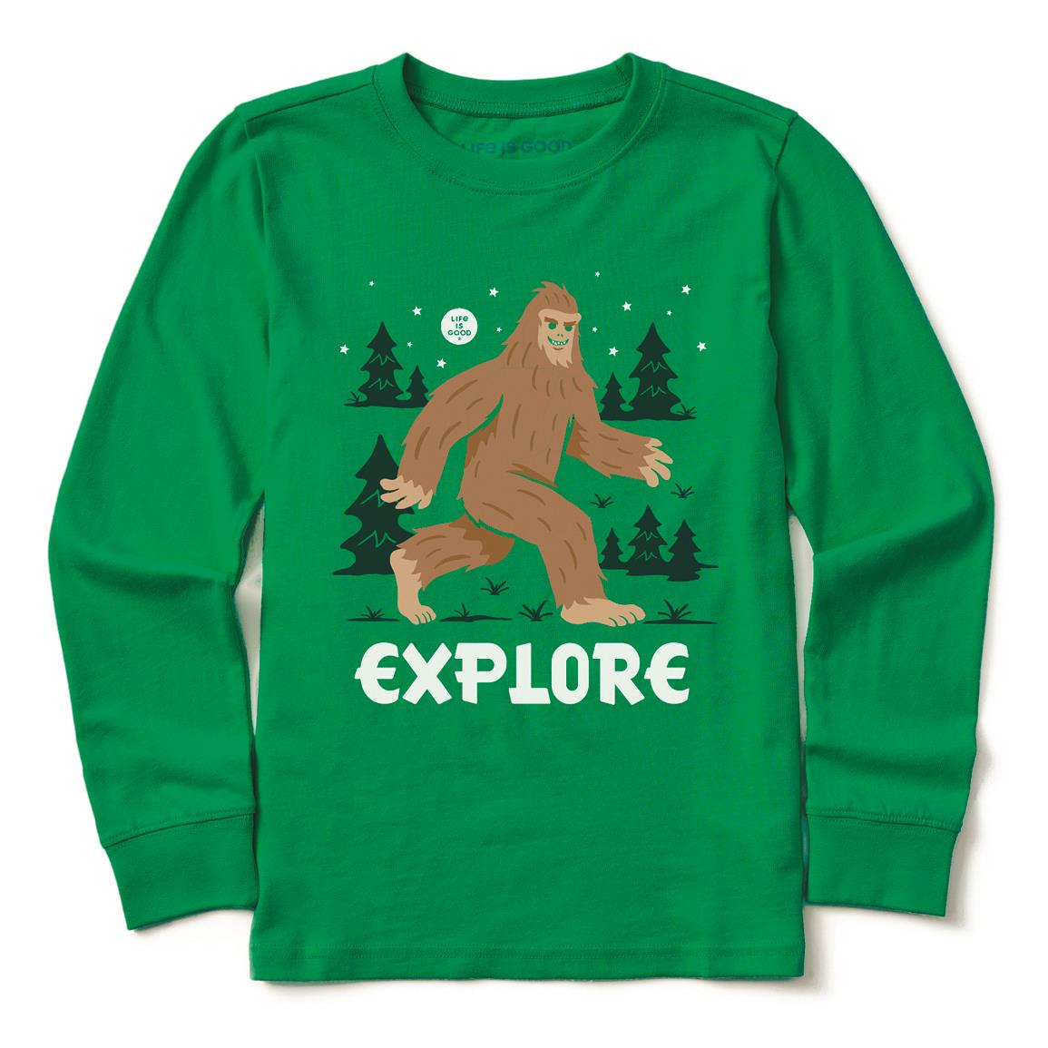 Life is Good Kids' Bigfoot Explore Long Sleeve Crusher Shirt, Kelly Green