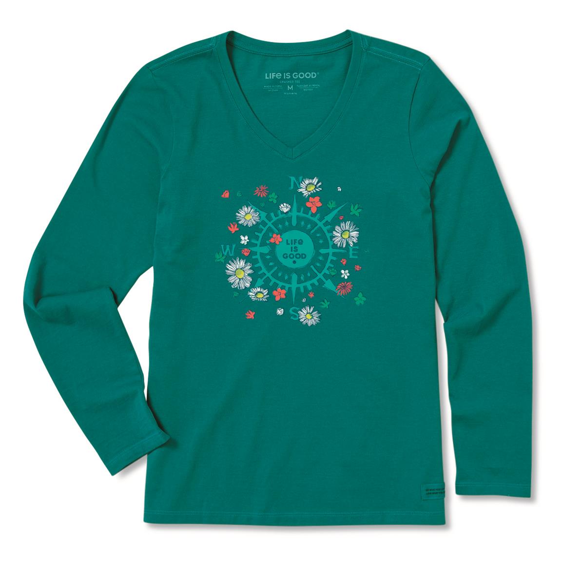 Life is Good Women's Beauty In All Directions Long Sleeve Crusher Lite Vee Shirt, Spruce Green