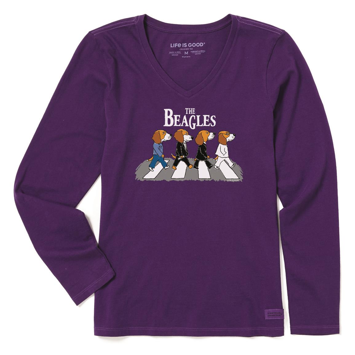 Life is Good Women's The Beagles Long Sleeve Crusher Lite Vee Shirt, Deep Purple
