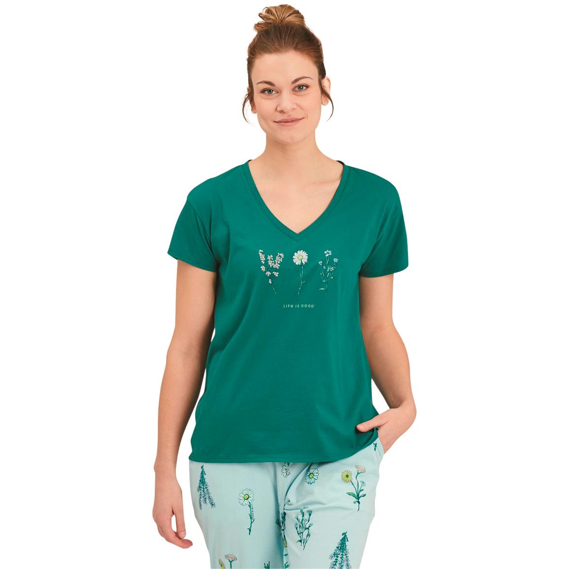 Life is Good Women's Detailed Wildflower Short Sleeve Sleep Shirt, Spruce Green