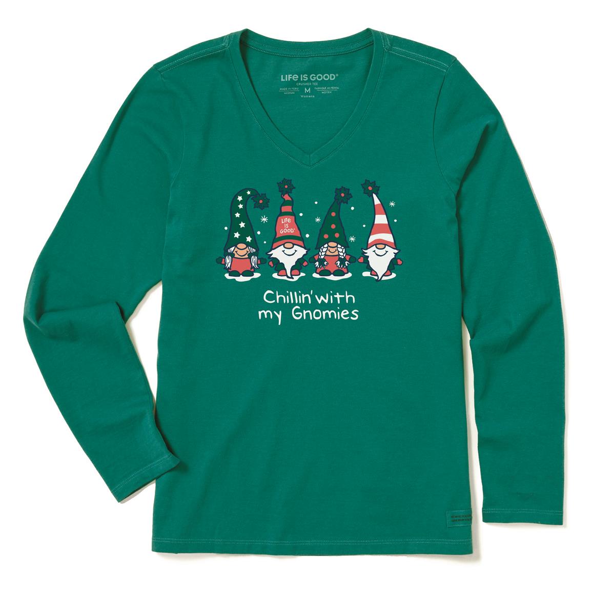 Life Is Good Women's Chillin' With My Gnomes Family Crusher Vee Shirt, Spruce Green