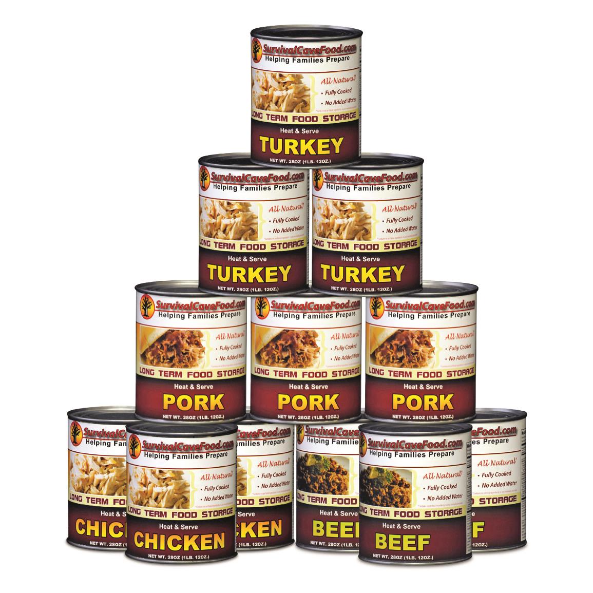 Survival Cave Canned Beef, Chicken, Turkey & Pork, 12 Pack, 28oz. Cans