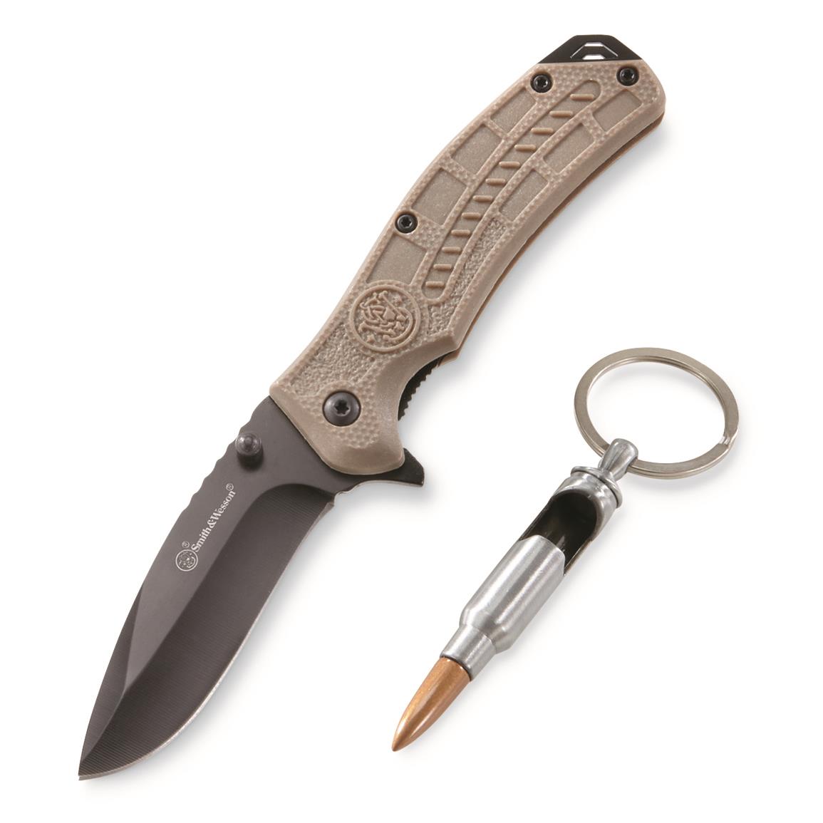 Smith & Wesson HRT Spring Assist Knife with Bottle Opener Keychain, Olive Drab