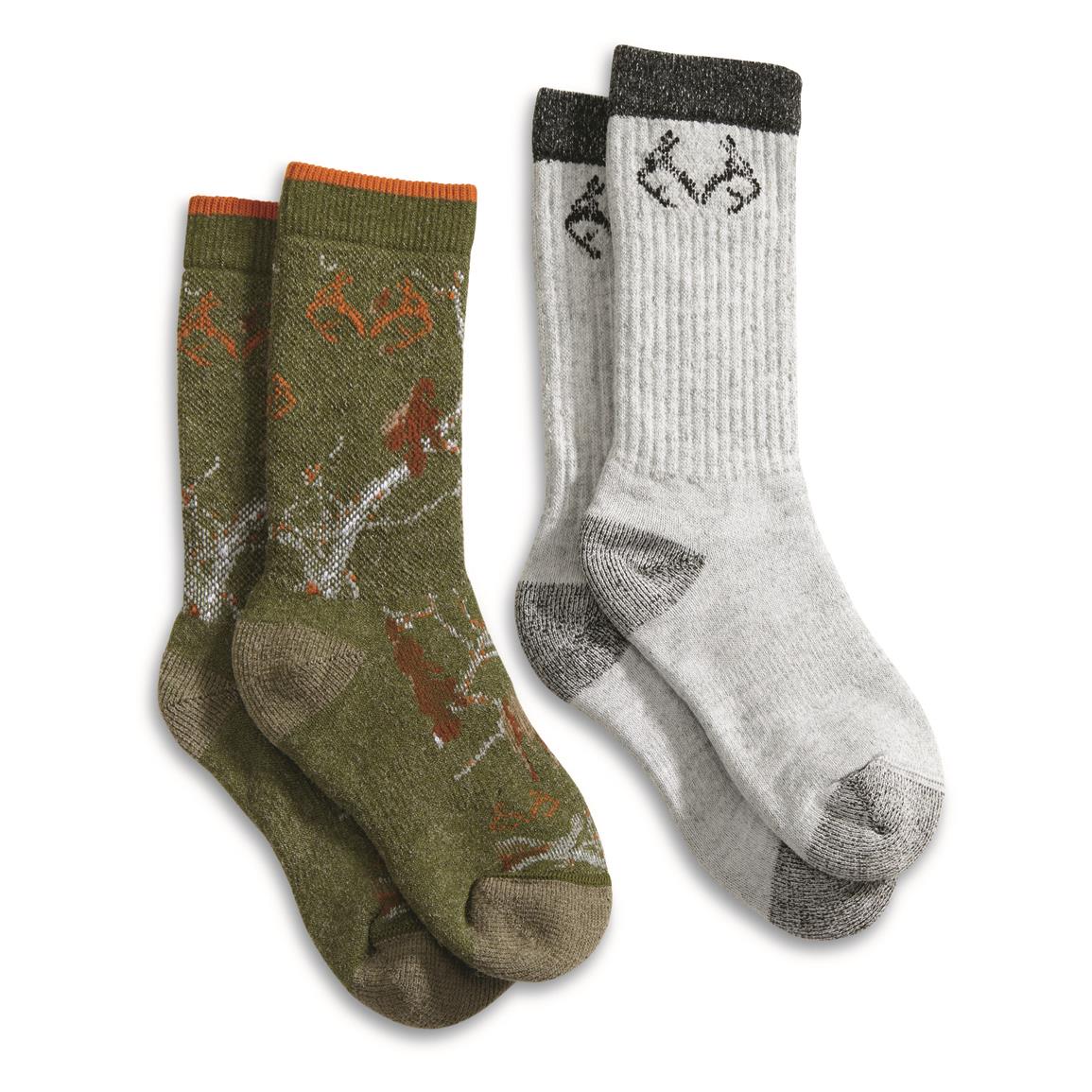 Kids' Realtree Wool Blend Boot Socks, 2 Pairs, Olive Camo/grey