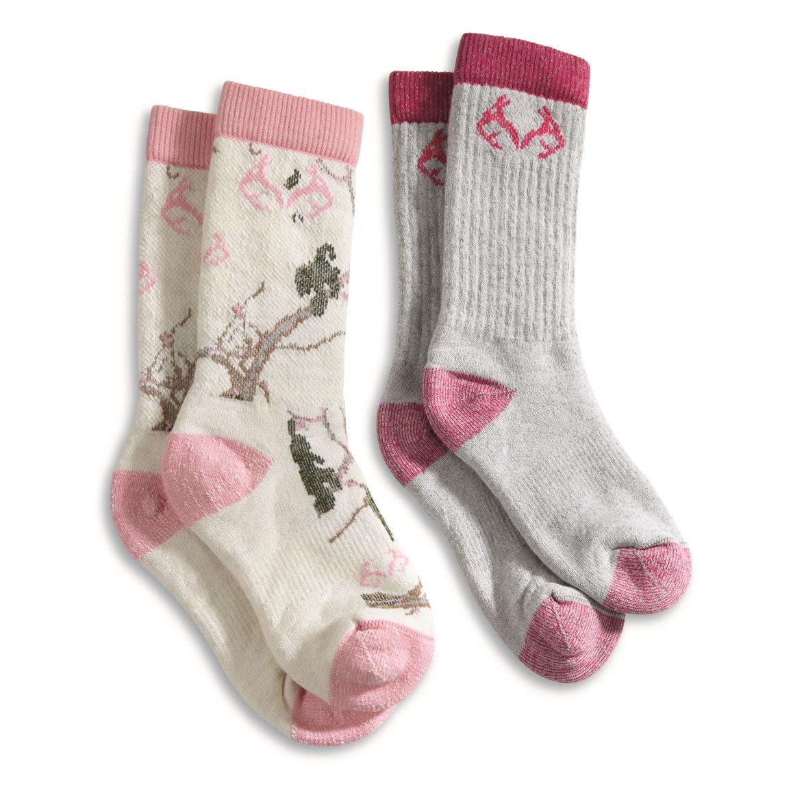 Kids' Realtree Wool Blend Boot Socks, 2 Pairs, Pink Camo/grey