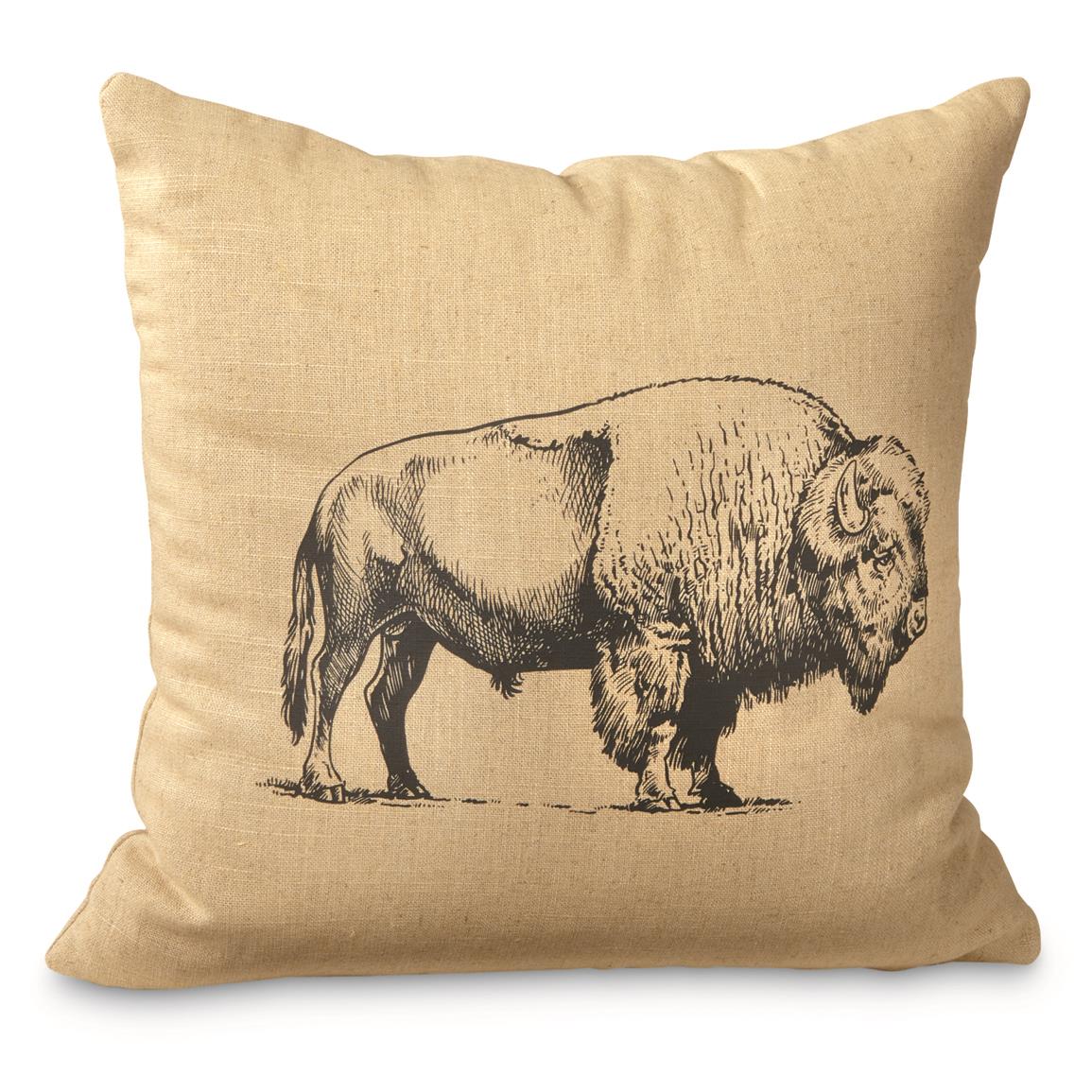 Wooded River Buffalo Decorative Pillow, Linen Straw