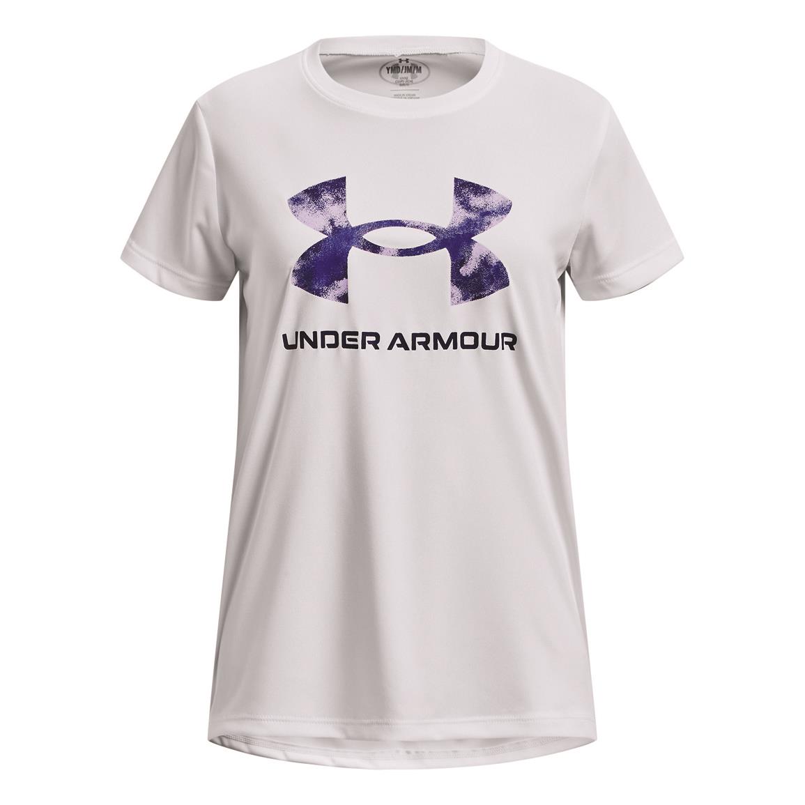 Under Armour Girls' Tech Print Fill Big Logo Short Sleeve, White/nebula Purple/sonar Blue
