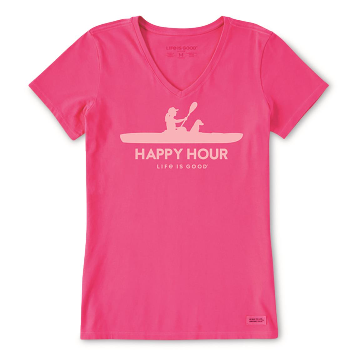 Life is Good Women's Happy Hour Kayak Crusher-Lite Vee Shirt, Raspberry Pink