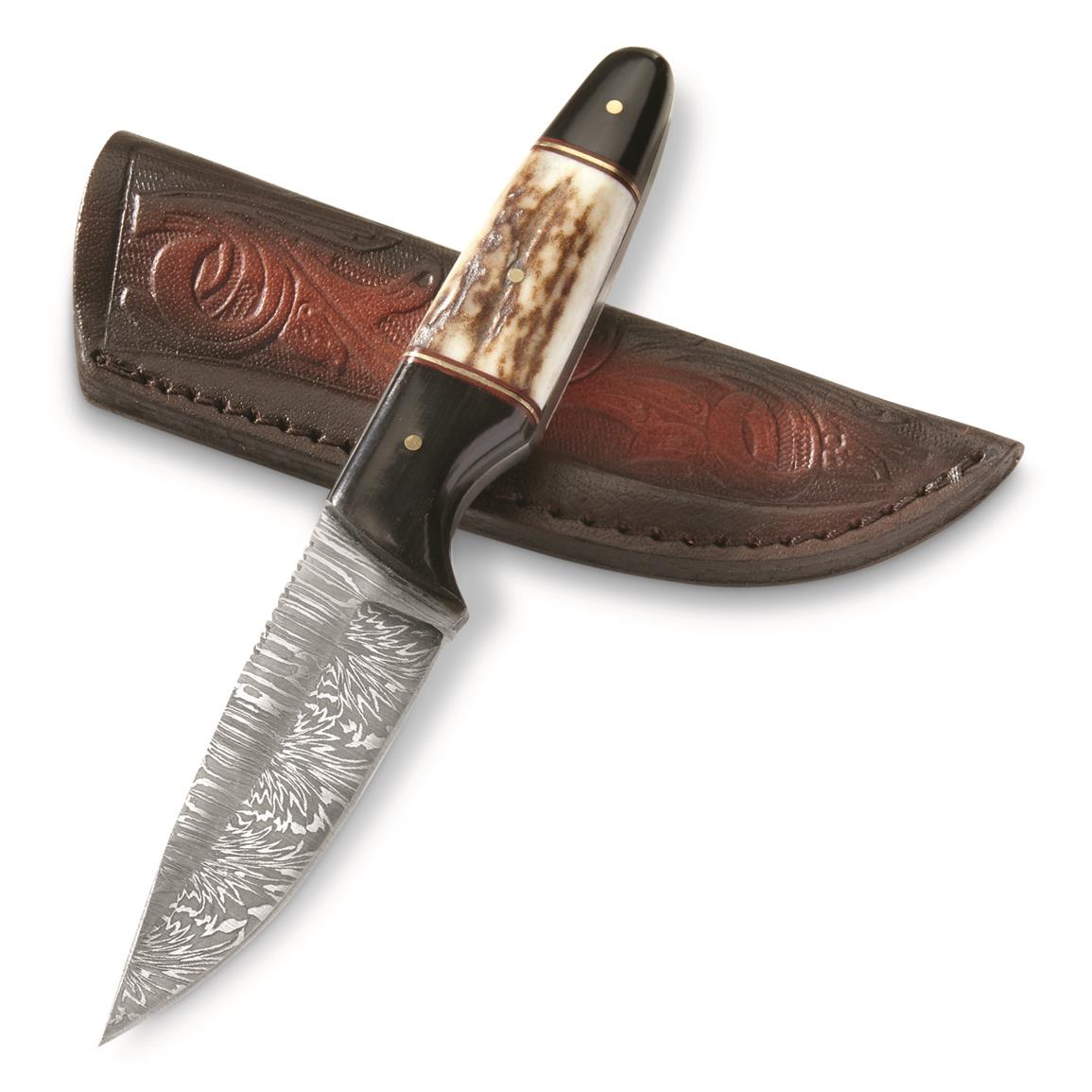 SZCO Horn and Stag Hunter Damascus Fixed Blade Knife