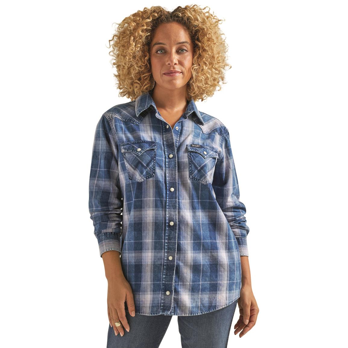 Wrangler Women's Long Sleeve Western Snap Plaid Denim Shirt, Blue/white