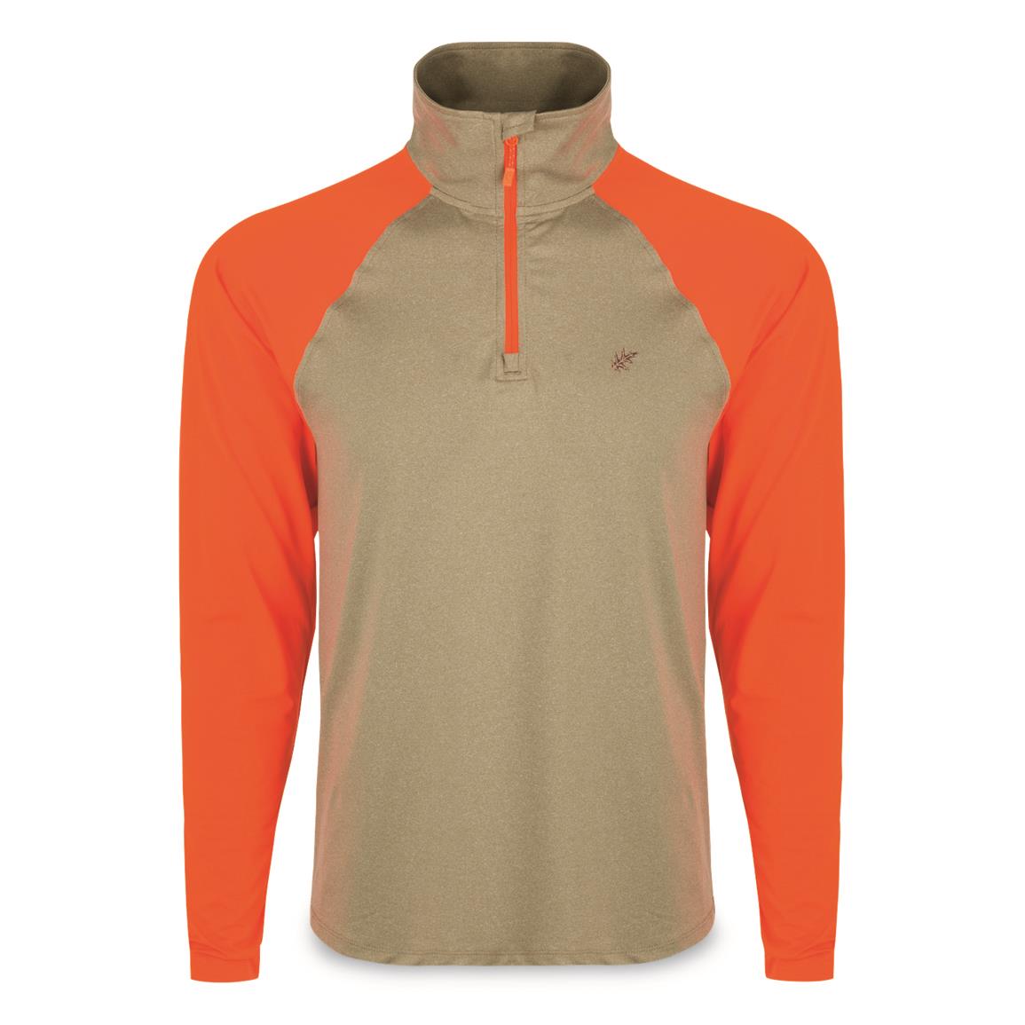 Drake Men's McAlister EST Quater-zip Performance Upland Shirt, Blaze Orange/khaki