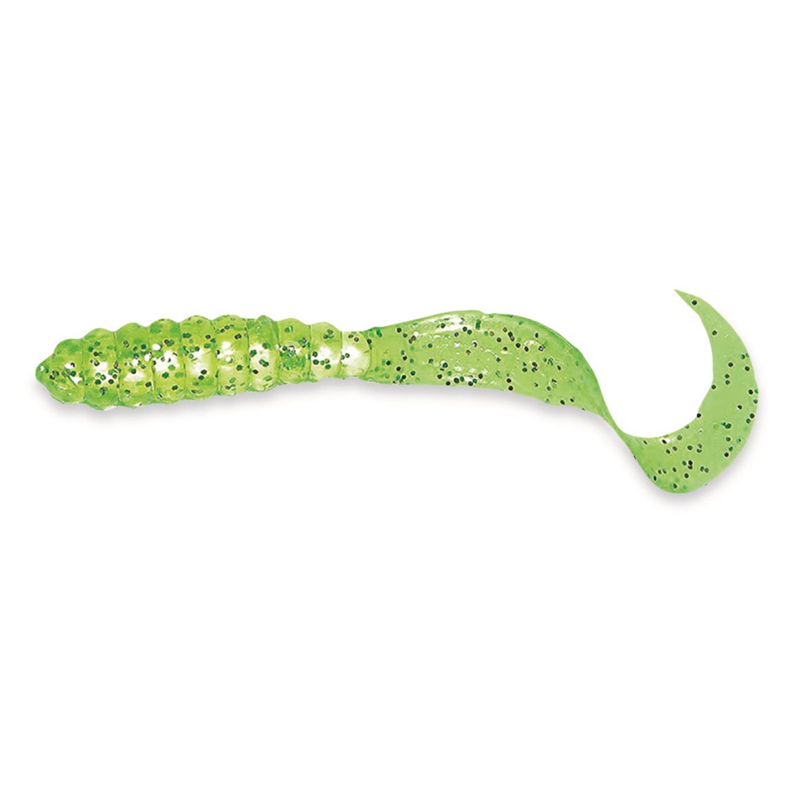 Mister Twister 3" Meeny Curly Tail Grub Lure, 20 Pack, Chartreuse Glitter