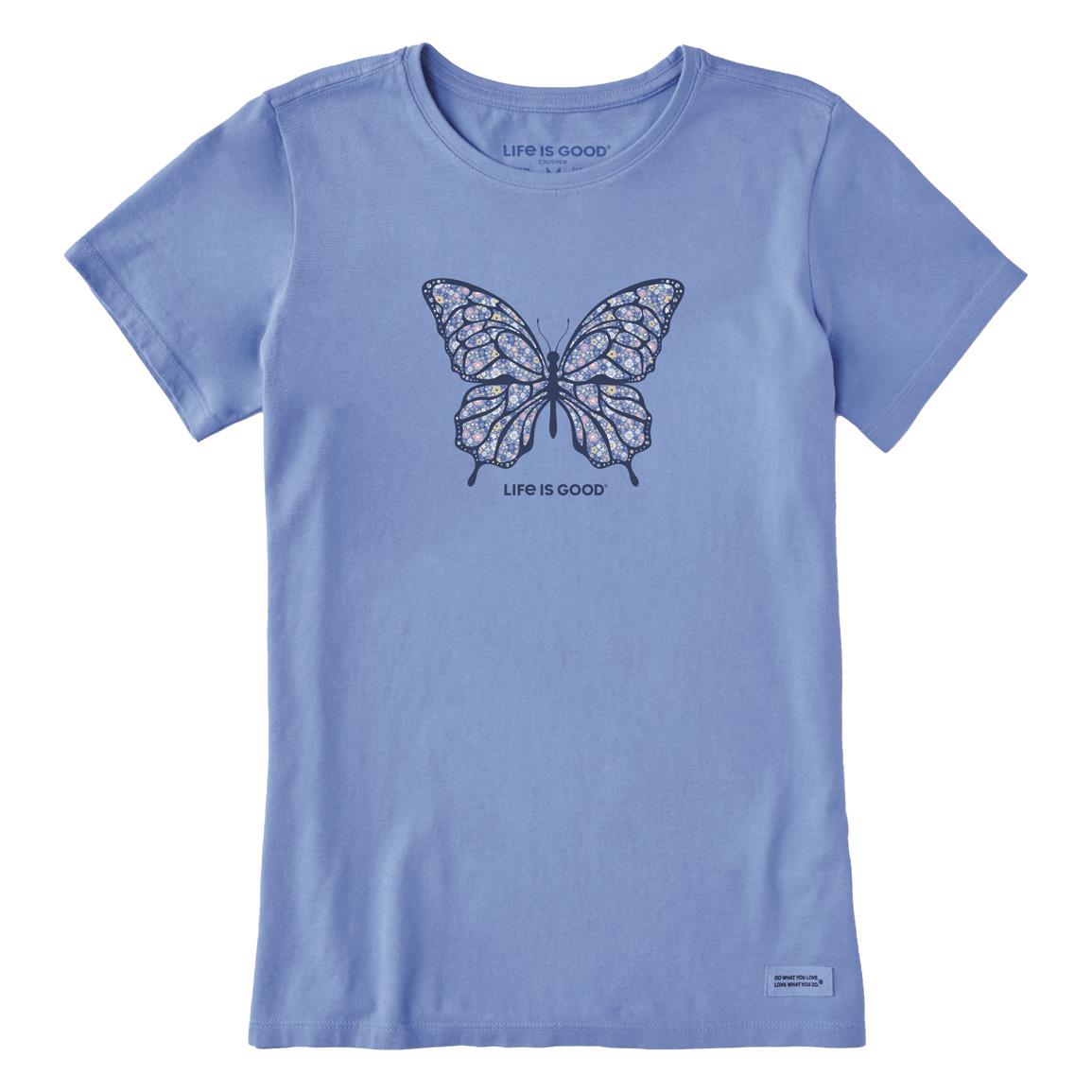 Life is Good Women's Ditsy Floral Butterfly Crusher Tee, Cornflower Blue
