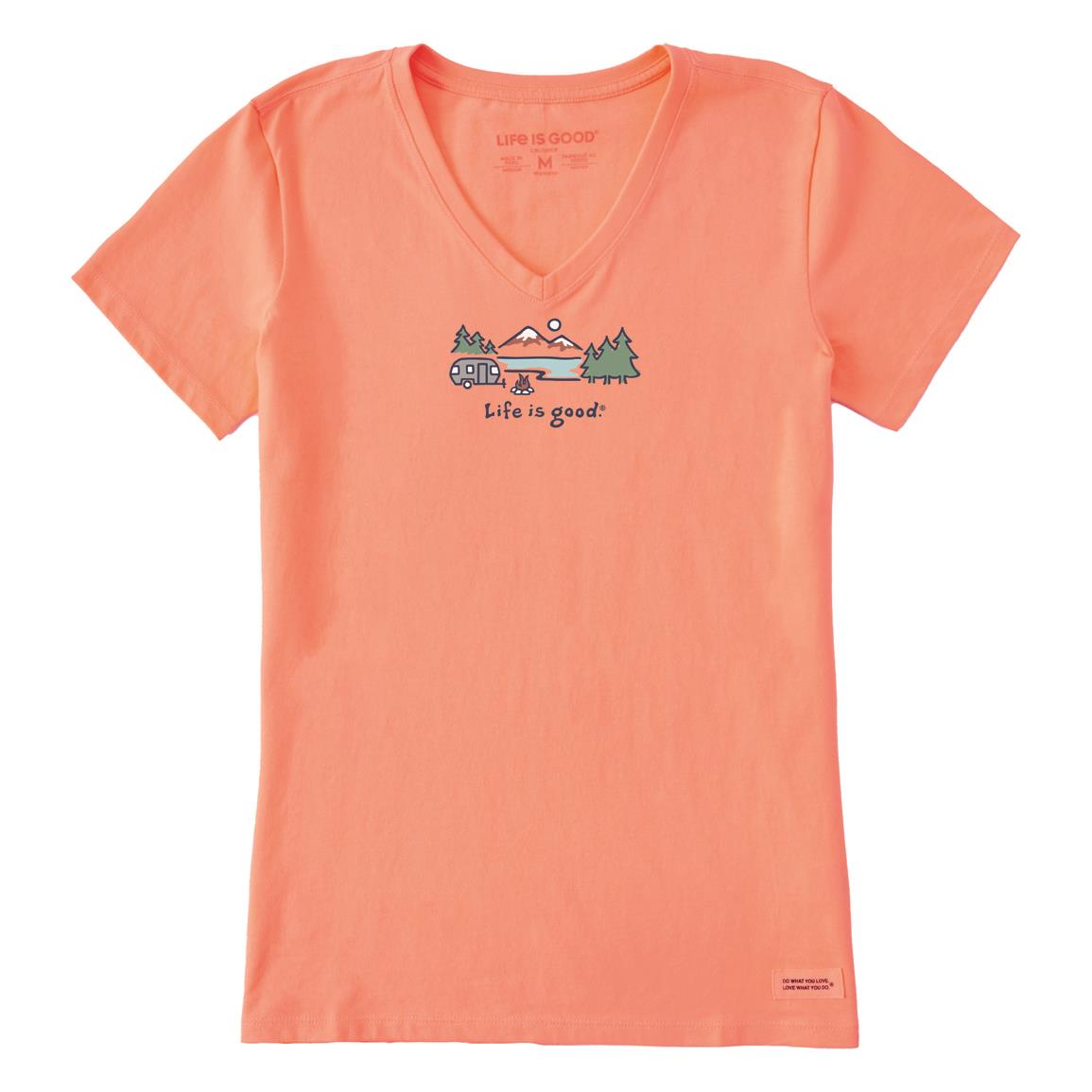 Life is Good Women's Lakeside Campsite Crusher Vee Short Sleeve T-Shirt, Canyon Orange