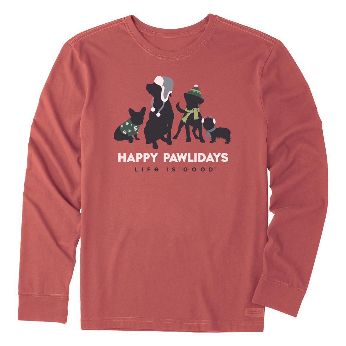 Life Is Good Men's Happy Pawliday Pups Crusher Long Sleeve, Faded Red