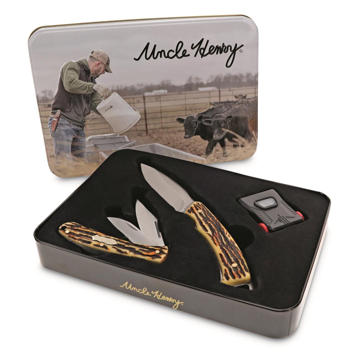 Uncle Henry Fixed and Folder Knife Set with Cap Light and Gift Tin