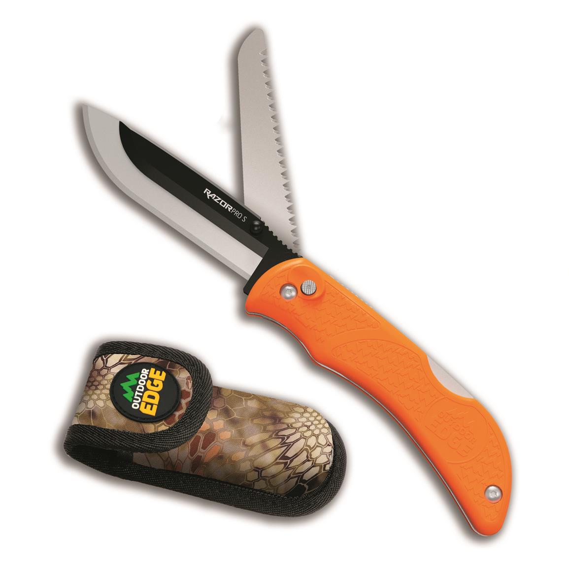 Outdoor Edge Razor Pro S Folding Knife with Bone Saw, Kryptek Nylon Sheath, Orange