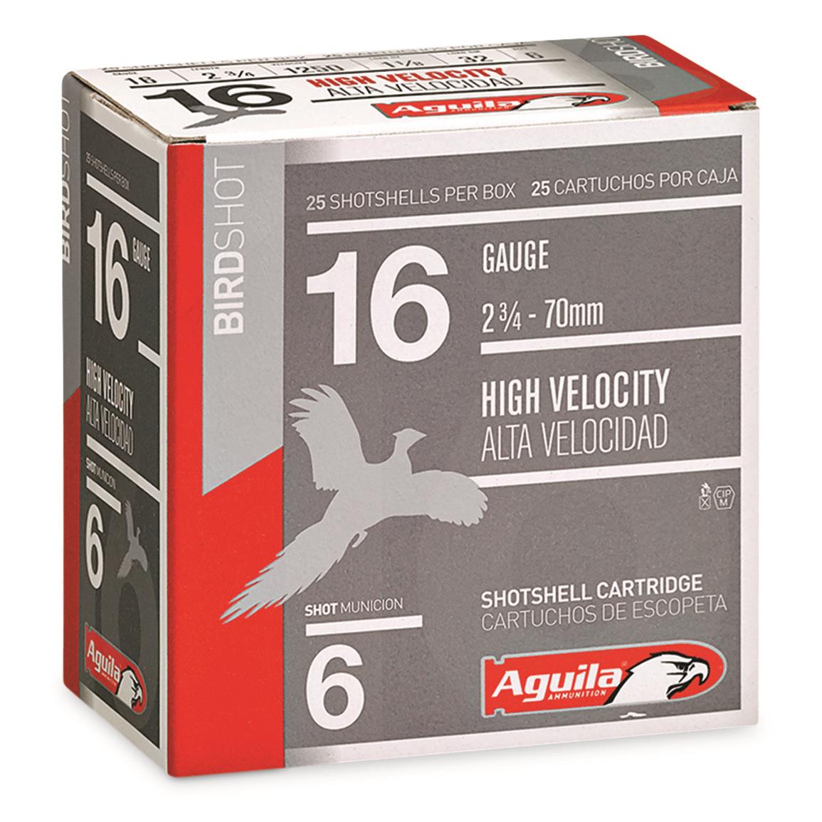 Aguila High-Velocity Birdshot, 16 Gauge, 2 3/4", 1 1/8 oz., #6 Shot, 25 Rounds