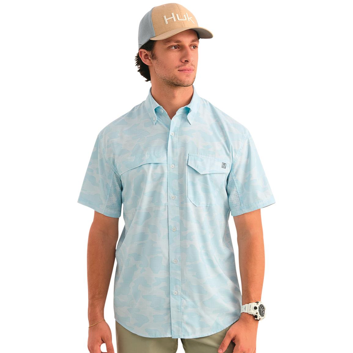 HUK Men's Tide Point Printed Short Sleeve Shirt, Medium, Coastal Drift
