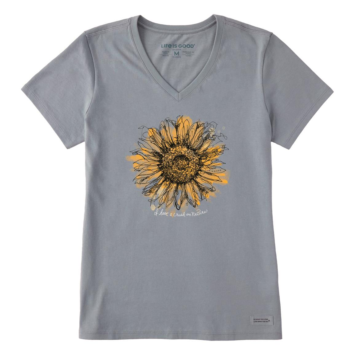 Life is Good Women's Scribbled Sunflower Crusher Lite Short Sleeve, Stone Blue
