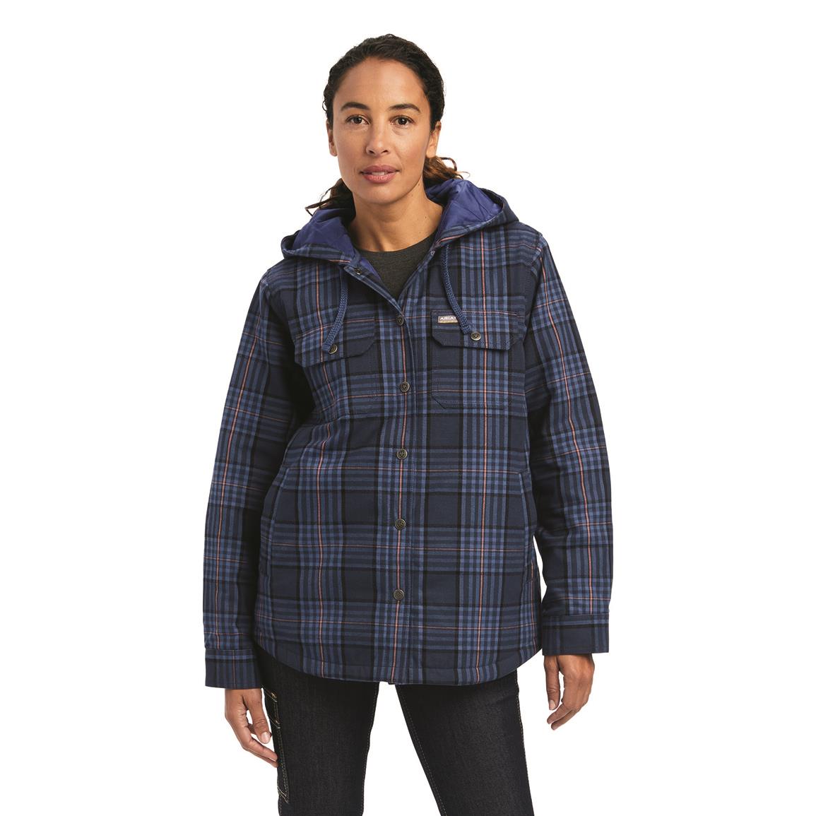 Ariat Women's Rebar Flannel Hooded Shirt Jacket, Navy