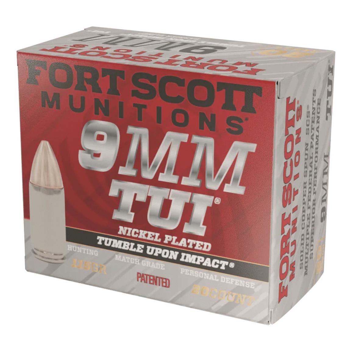 Fort Scott Tumble Upon Impact Nickel-Plated Ammo, 9mm, SCS, 115 Grain, 20 Rounds